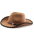 Classic camel felt cowboy hat with braided leather band and silver buckle on white background - M(56-58cm) / Khaki Hat with Black Edge