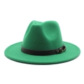 Detail of emerald green wool fedora hat featuring a black leather band and gold buckle - Grass Green