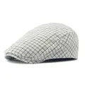 British style black and white plaid cotton flat cap for men with a classic vintage look - Adjustable / White