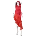 Detalle de vestido halter de satén rojo oscuro con escote en V y dobladillo con volantes - S / Rojo