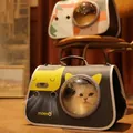 Portable gray pet carrier bag with transparent window and cartoon cat print for kittens - Upgraded Bear Style