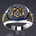 Masonic ring in silver and gold two-tone metal with blue enamel and engraved G symbol - Size 7 / Blue