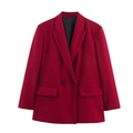 Women's red long sleeve blazer with double-breasted buttons and flap pockets - XS / Burgundy