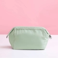 Waterproof light green cosmetic bag with ruched nylon fabric and top zipper closure - Light Green