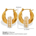Golden stainless steel hoop earrings with triple rows of white imitation pearls - EH267 Triple Row Pearl Gold Hoop Earrings