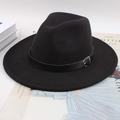 Classic black wool felt fedora with a wide brim and decorative leather belt with buckle - Flat Brim With Regular Leather Belt / Black
