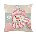 Linen Christmas pillowcase featuring a cute cartoon snowman with pink polka dot hat - TQYM60-24 Pink & Green Snowman