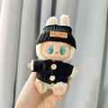 Labubu doll outfit featuring a stylish black knitted sweater and matching beanie set - Black Wooden Button Sweater + Black Bear-patterned Hat / First And Second Generation Keychains Are Compatible With La Cloth Dolls. Dolls Not Included.