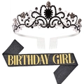 Birthday girl sash in black glitter and silver metal crown with black rhinestones - One Size / Black Rhinestone Crown + Black Sash with Gold Girl Text