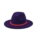 Close-up of a wide brim purple felt fedora hat with a bold pink plastic chain detail - Color 16