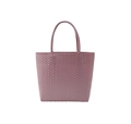 Dusty pink woven straw tote bag with square pattern and comfortable top handles - Small / Pink