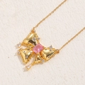 Luxury gold butterfly necklace featuring a pink square gemstone and zircon accents - Bow
