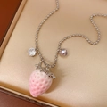 Silver bead chain necklace with pink strawberry pendant and gems on silk cushion - Silver Ball Chain Heart Gem Style (1#)