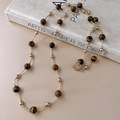 Retro tiger eye and champagne gold pearl necklace with artistic toggle clasp detail - T-clasp Pearl Patchwork Style / 32# Necklace - Tiger Eye Stone Beads