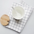 Minimalist white ceramic bowl with wooden lid and spoon on blue checkered cotton napkin - 40*60cm / White with Black Small Plaid