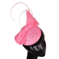 Elegant pink Sinamay fascinator hat featuring a large bow and curved accents - Pink