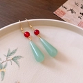 New Chinese-style gold hook earrings with red beads and light green waterdrop pendants - 16# Ear Hook - Green - Waterdrop