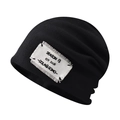 Black knit beanie with vintage alphabet patch and vertical ribbed texture on white background - Black
