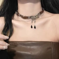 Gothic butterfly choker necklace with silver chain and brown velvet ribbon details - Butterfly Clavicle Chain