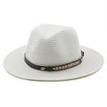 Detail of white woven fedora hat featuring brown leather band and gold rivet accents - M / Pure White