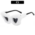Fashionable heart sunglasses with white faux fur trim and black temples for party - White