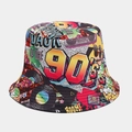 Detail of 90s retro boombox and vinyl record print on a reversible bucket hat - Style 90