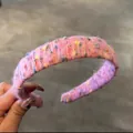 Pink mohair knit headband with colorful dots for women, sweet candy-colored hair accessory - Pink