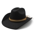 Detail van zwarte vilten cowboyhoed met bruine gevlochten band en kwastjesdecoratie - M (56-58cm) / Zwart