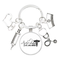 Silver medical nurse keychain with syringe stethoscope and Live Love Nurse charms - RN Letters Black