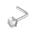 L-shaped stainless steel nose stud with heart-shaped clear cubic zirconia stone - 0.8x7x3mm / Silver L-Shape Heart Clear Zircon
