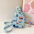 Close-up of light blue kids chest bag with colorful car and helicopter cartoon prints - Light Blue