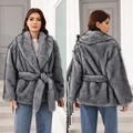 Chic grey faux fur coat with belt, showcasing front and back views in a minimalist setting - S / Dark Gray