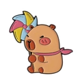 Cute capybara enamel pin wearing a pink scarf and holding a colorful rainbow windmill - Windmill Capybara