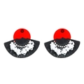 Ethnic style fan-shaped acrylic earrings with red studs and white 3D floral details - Red Black White Fan Floral (8571)