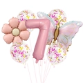 Detail of pink number 7 balloon with butterfly and confetti balloons for girl's party - Pink Butterfly Balloon Set 7