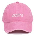 Close-up of pink washed cotton baseball cap with white ESKETIT letter embroidery detail - Pink