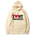 Apricot I Love My Girlfriend print hoodie sweatshirt with a front pocket and drawstring - S / Tops / Khaki