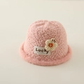 Close-up of pink plush bucket hat with woven flower and Lucky label detail - 4-10 Years / Pink