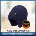 Men's winter knit hat with ear protection in navy blue with warm fleece lining - Cotton Thread Single Hat With Ear Protection / Snowflake Logo Ear Protection - Navy Blue Single Hat