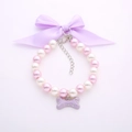 Pink and white pearl pet collar with a purple satin bow and rhinestone bone pendant - S (20cm+5cm Extension) / Light Purple & White