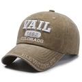 Vintage khaki washed denim baseball cap featuring Vail 1962 embroidery and a curved brim - Khaki