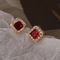 Elegant 18K gold plated square stud earrings with red zircon and crystal halo - Garnet Red