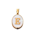 Close-up of golden oval pendant with white shell inlay featuring the letter E detail - Gold Letter E