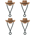 Set of four brown mini cowboy hat silicone straw toppers with black connector ring loops - Set of 4 / Lanyard Cowboy Hat Brown
