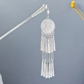 Silver hollow hair pin with long tassels and vintage ethnic carving for Hanfu hairstyles - Circular Carved Two-Layer Tassel (F176)