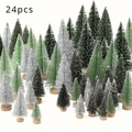 24-piece set of mini artificial Christmas trees in green and white with wooden bases - Set 10 Revised - 24PCS