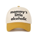 Detail of Mommy's Little Alcoholic embroidery on retro colorblock baseball cap - Cream White/Yellow