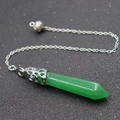 Natural green aventurine crystal hexagonal pendant with silver hollowed metal cap and chain - Hollow Chain / Green Aventurine