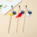Three wooden cat teaser sticks with blue bird plush toys and colorful feathers - Blue Feather Bird
