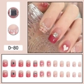 Pink gradient press-on nails set with checkered heart, pearls and square rhinestones - Pink Gradient Plaid Heart Rhinestone Style (D-80) / 24 Pcs/Set